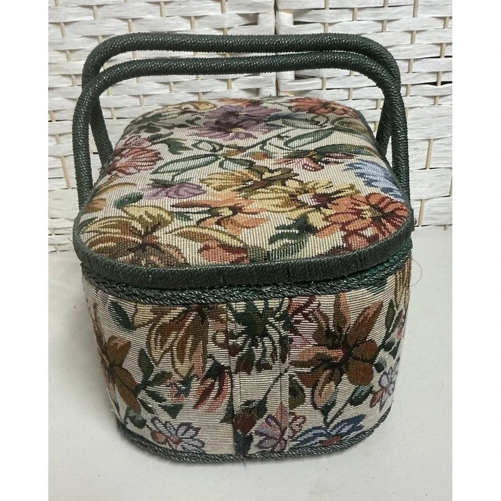 Vintage 1970s AZAR Floral Tapestry Sewing Basket Green Handles Full‎ Threads
